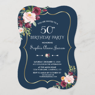 Invitation Bourgogne Blush Floral Gold Navy Blue 50e annivers