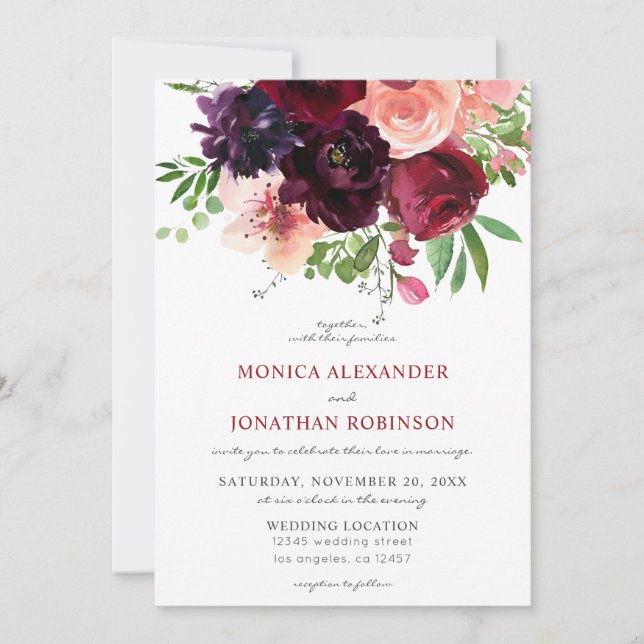 Invitation Bourgogne & Blush Floral Mariage 2 V2 (Devant)