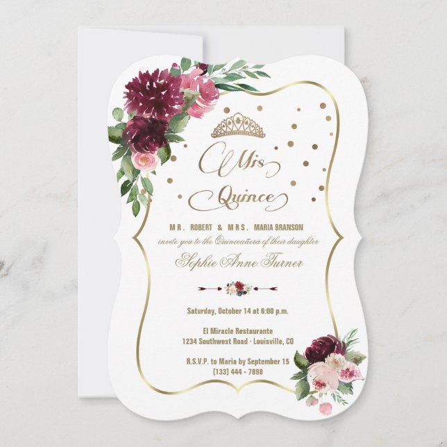Invitation Bourgogne Blush Floral Mis Quince Quinceañera (Devant)