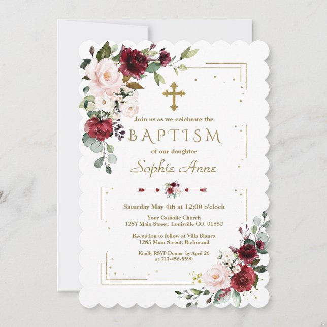 Invitation Bourgogne Blush Floral Parties scintillant Or Cadr (Devant)