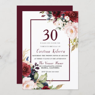 Invitation Bourgogne Blush Floral Womans Hommes 30e anniversa