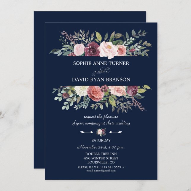 Invitation Bourgogne Blush Flowers Cadre Marine Mariage bleu (Devant / Derrière)