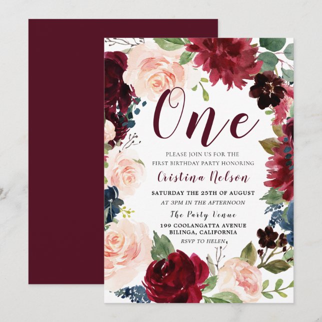 Invitation Bourgogne & Blush Girls ou Boys 1ère fête d'annive (Devant / Derrière)