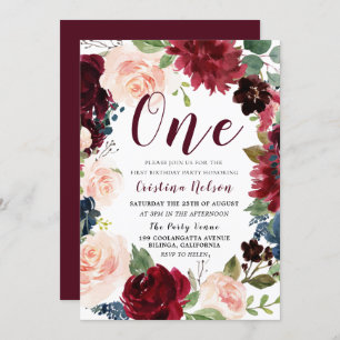 Invitation Bourgogne & Blush Girls ou Boys 1ère fête d'annive