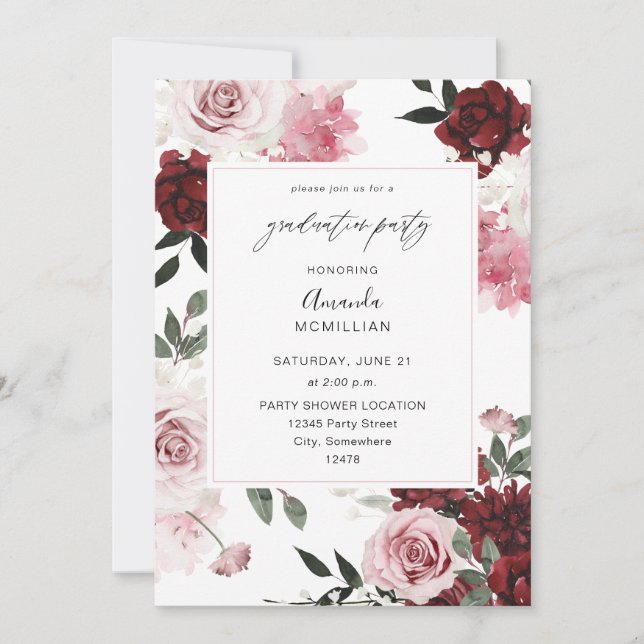 Invitation Bourgogne & Blush Pink 6 Floral Graduation Party (Devant)