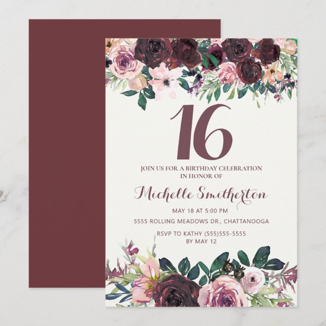 Invitation Bourgogne Blush rose Feuilles floraux 16e annivers (Devant / Derrière)