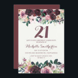 Invitation Bourgogne Blush rose Feuilles floraux 21e annivers<br><div class="desc">Elégant bordeaux et rose vif aquarelle floral avec des feuilles verts sauge sur invitation de fête blanche 21e anniversaire avec une belle police de script de calligraphie.</div>