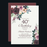 Invitation Bourgogne Blush rose Feuilles floraux 40e annivers<br><div class="desc">Elégant bordeaux et rose vif aquarelle floral avec des feuilles verts sauge sur invitation à la fête blanche de 40e anniversaire avec une police de script de calligraphie élégante.</div>