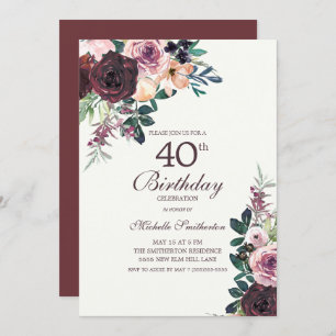 Invitation Bourgogne Blush rose Feuilles floraux 40e annivers
