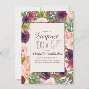 Invitation Bourgogne Blush rose Floral 100e anniversaire