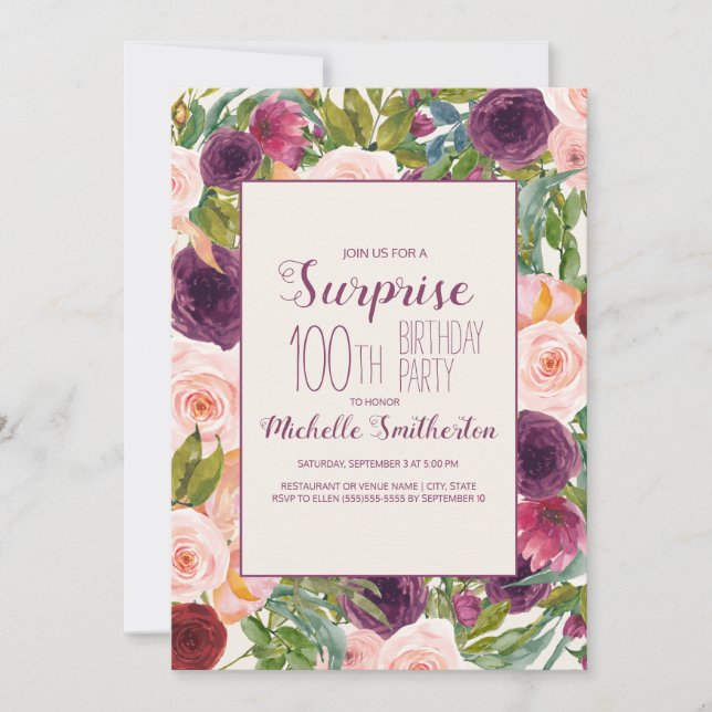 Invitation Bourgogne Blush rose Floral 100e anniversaire Invi (Devant)