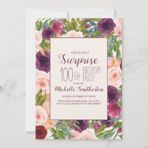 Invitation Bourgogne Blush rose Floral 100e anniversaire Invi