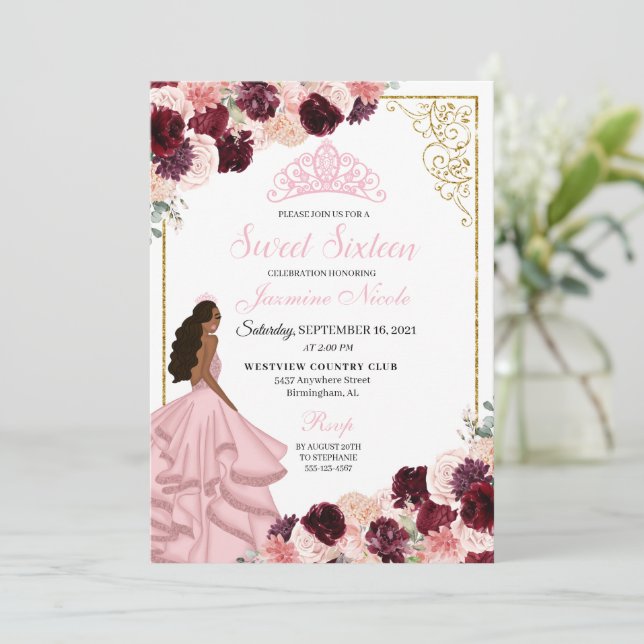 Invitation Bourgogne Blush rose Sweet sixteen Floral Annivers (Debout devant)