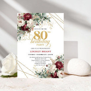 Invitation Bourgogne Bohème Floral Or 80e Anniversaire