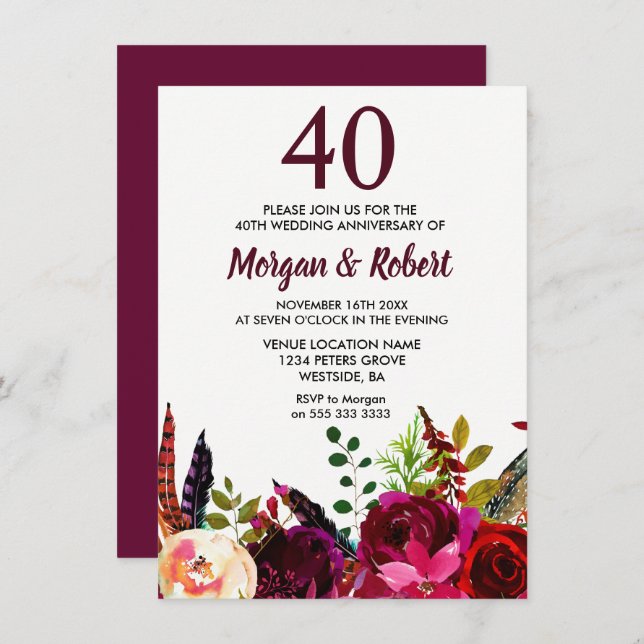 Invitation Bourgogne Boho Flowers 40e anniversaire de Mariage (Devant / Derrière)