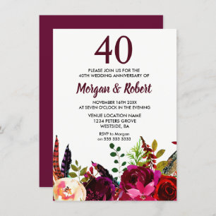 Invitation Bourgogne Boho Flowers 40e anniversaire de Mariage