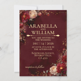 Invitation Bourgogne bordeaux Cadre doré floral Luxe Mariage