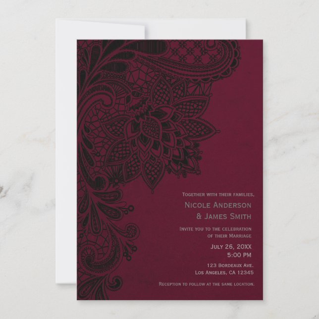 Invitation Bourgogne Bordeaux Noir Dentelle Mariage Vintage (Devant)