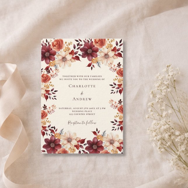 Invitation Bourgogne brûlé orange chute mariage de luxe flora (Créateur téléchargé)