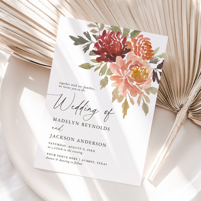 Invitation Bourgogne brûlé Orange Chute Mariage Floral (Créateur téléchargé)