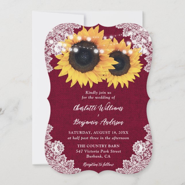Invitation Bourgogne Burlap Floral dentelle Mariage de tourne (Devant)