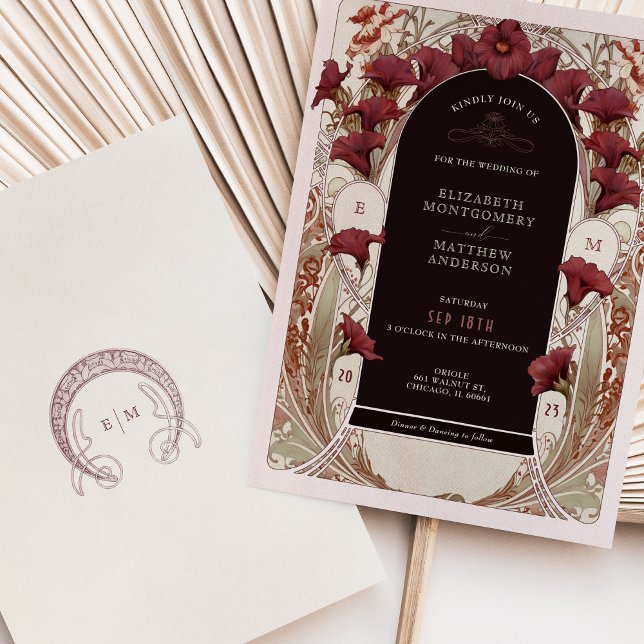 Invitation Bourgogne Calla Lily Mariage Art Nouveau Mucha (Créateur téléchargé)