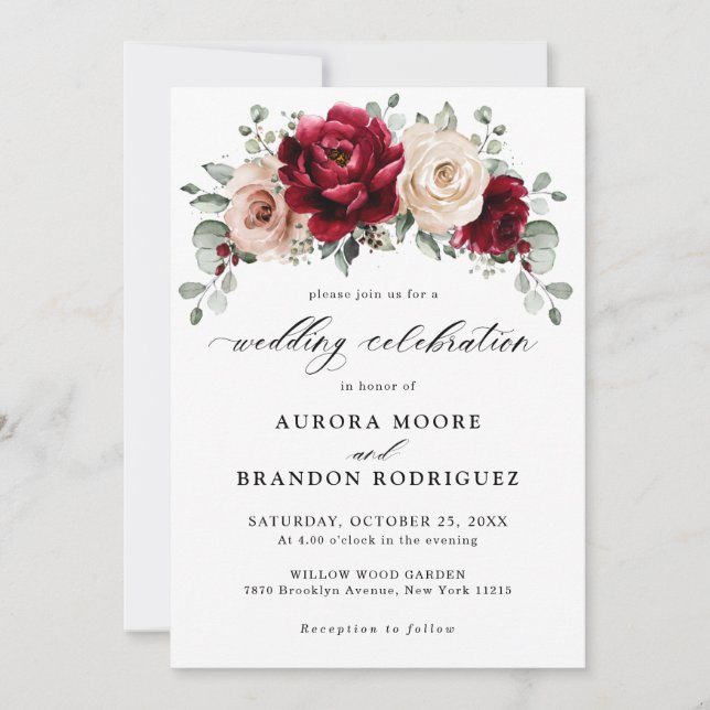 Invitation Bourgogne Champagne Ivory Mauve Rose Floral Mariag (Devant)