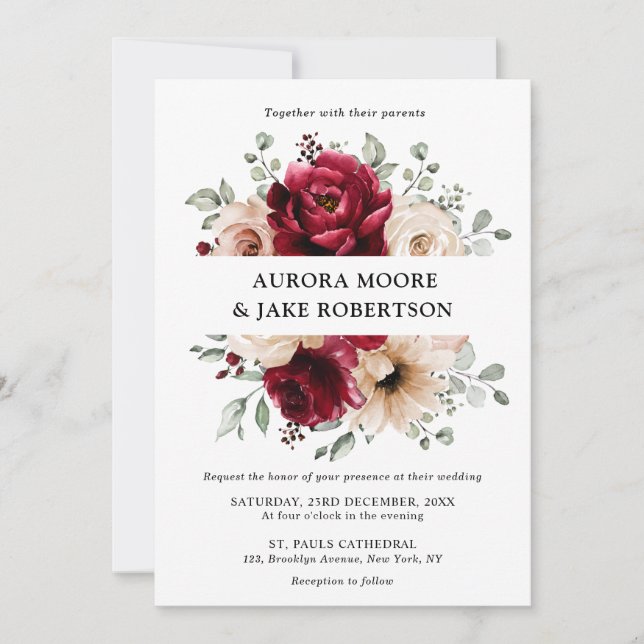 Invitation Bourgogne Champagne Ivory Mauve Rose Floral Mariag (Devant)