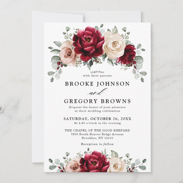 Invitation Bourgogne Champagne Ivory Mauve Rose Floral Mariag (Devant)