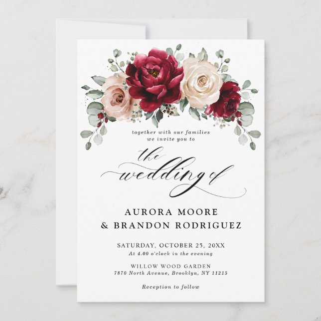 Invitation Bourgogne Champagne Ivory Mauve Rose Floral Mariag (Devant)