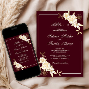 Invitation Bourgogne Crème Fleur Branche Mariage Musulman