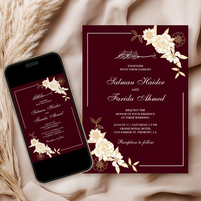 Invitation Bourgogne Crème Fleur Branche Mariage Musulman (Créateur téléchargé)