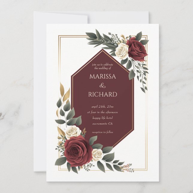 Invitation Bourgogne Crème Fleur Rose Diamant Forme Mariage (Devant)