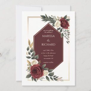 Invitation Bourgogne Crème Fleur Rose Diamant Forme Mariage
