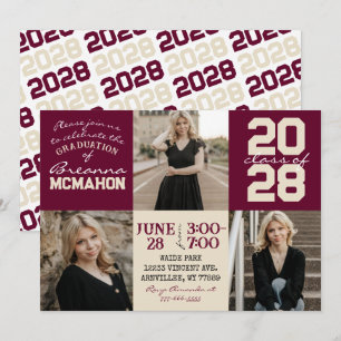 Invitation Bourgogne & Crème Tan 3 Photo Graduation Invitatio