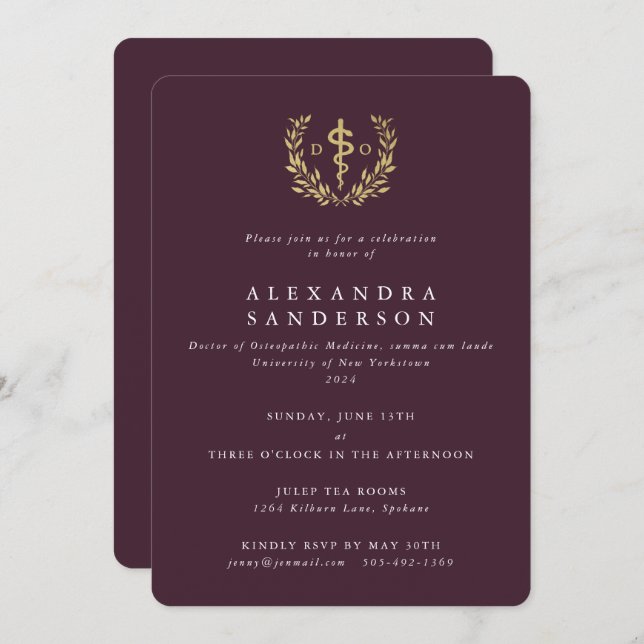 Invitation Bourgogne/docteur en or de médecine ostéopathique (Devant / Derrière)