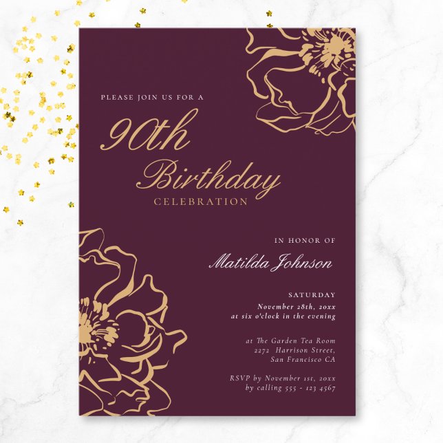 Invitation Bourgogne d'or floral 90e anniversaire (Floral Gold Burgundy 90th Birthday Invitation)