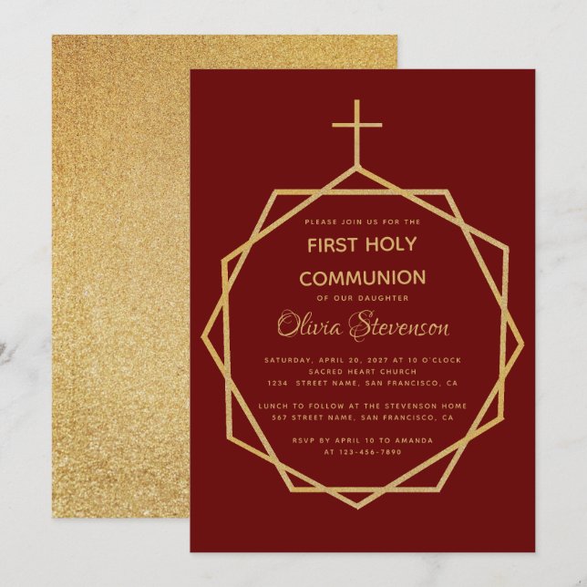 Invitation Bourgogne doré Première communion géométrique fill (Devant / Derrière)