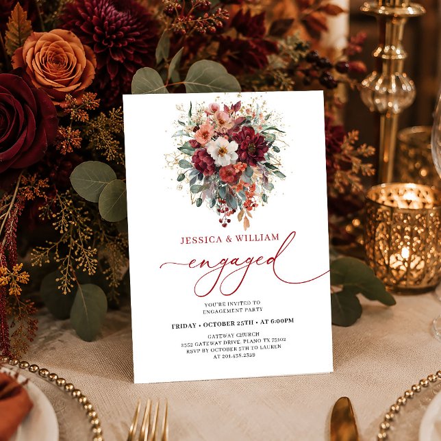 Invitation Bourgogne dorée intemporelle Eucalyptus Automne fa (Timeless Burgundy Gold Eucalyptus Autumn engagement invitation card

)