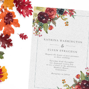 Invitation Bourgogne & Dusty Blue Fall Floral Border Mariage