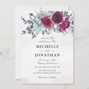 Invitation Bourgogne Dusty Blue Rose Floral Mariage chrétien