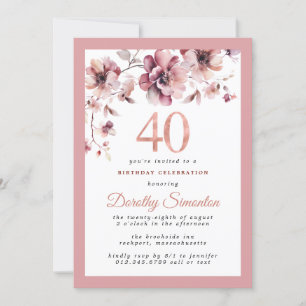 Invitation Bourgogne Dusty Blush rose floral 40e anniversaire