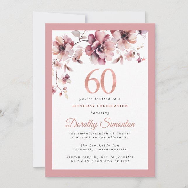 Invitation Bourgogne Dusty Blush Rose Floral 60e anniversaire (Devant)