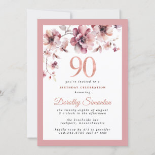 Invitation Bourgogne Dusty Blush Rose Floral 90e anniversaire