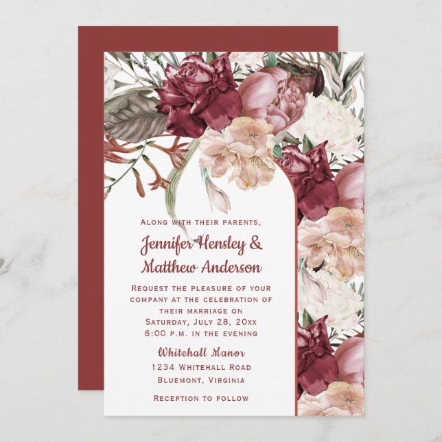 Invitation Bourgogne Dusty Rose Ivory Peach Floral Mariage (Devant / Derrière)