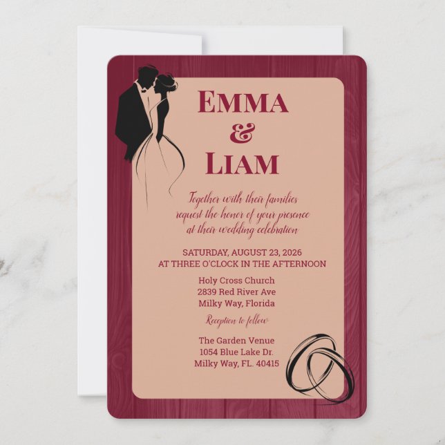 Invitation Bourgogne Dusty Rose Rustic Silhouette Mariage (Devant)