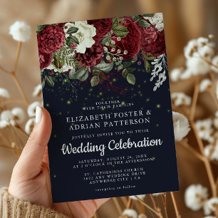 Invitation Bourgogne Élégant & Fleurs Blanches Mariage Nuit