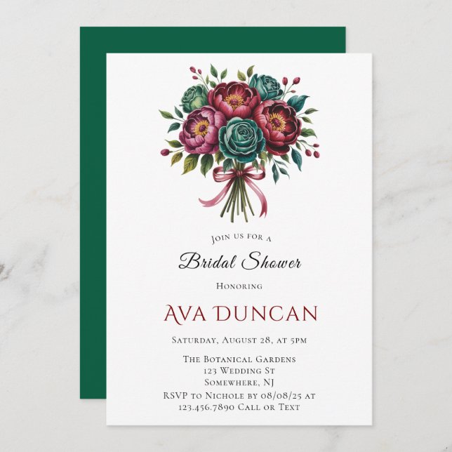 Invitation Bourgogne & Emerald Peony Fête des mariées d'hiver (Devant / Derrière)