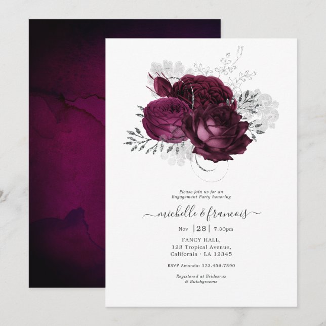 Invitation Bourgogne et Argent Floral Engagement Party Invita (Devant / Derrière)