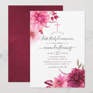 Invitation Bourgogne et Automne Fleurie Rose Sainte Communion